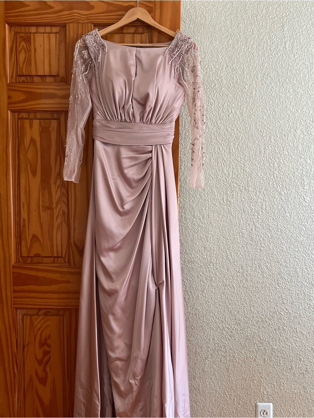 Unmatched Custom Elegant Dusty Rose Long Evening Dress with Beaded Sleeves
